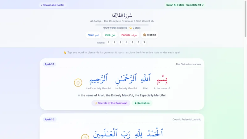 Al-Fātiḥa Complete Grammar & Sarf Word Lab Snapshot